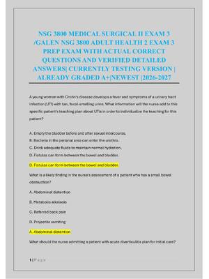 Preview of NSG 3800 MEDICAL SURGICAL II EXAM 3  /GALEN NSG 3800 ADULT HEALTH 2 EXAM 3  PREP EXAM