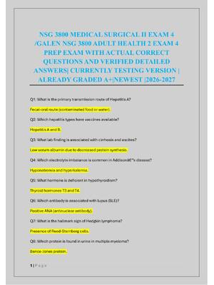 Preview of NSG 3800 MEDICAL SURGICAL II EXAM 4  /GALEN NSG 3800 ADULT HEALTH 2 EXAM 4  PREP EXAM