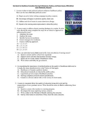 Preview of Test Bank For Realities of Canadian Nursing Professional, Practice, and Power Issues, 5th