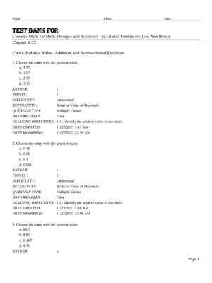 Preview of TEST BANK FOR Curren's Math for Meds Dosages and Solutions 12th Edition By Gladdi Tomlinso