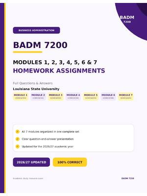Preview image for BADM 7200 Module 1,2,3,4,5,6 and 7 Homework Assignment | Full Questions and Answers | 2026/27 Update | 100% Correct – Louisiana State University.