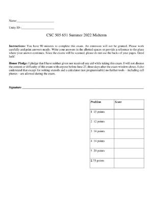 Preview of CSC 505 Design and Analysis of Algorithms CSC 505 651 Summer Midterm