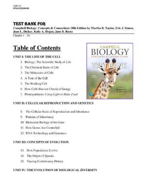 Preview image for Test Bank for  Campbell Biology: Concepts & Connections 10th Edition by Martha R. Taylor, Eric J. Simon,  Jean L. Dickey, Kelly A. Hogan, Jane B. Reece Chapter 1 – 38