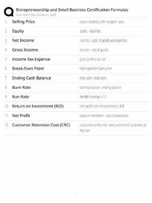 Preview of Entrepreneurship & Small Business Study Guide / Certification Formulas / Score 100% / 2025