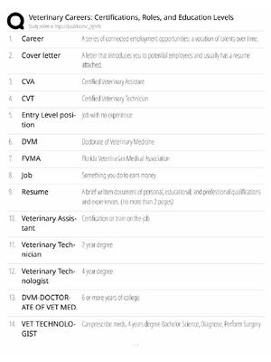 Preview of Veterinary Careers Study Guide / Certifications, Roles & Education Levels / Score 100% / 2