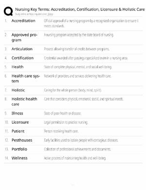 Preview of Nursing Key Terms Study Guide / Accreditation, Certification, Licensure & Holistic Care /