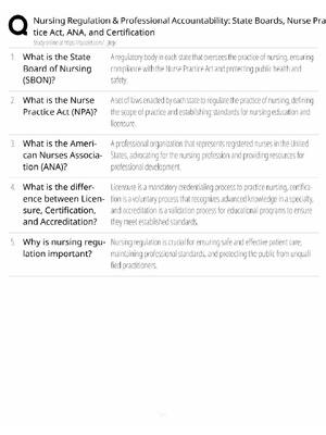 Preview of Nursing Regulation Study Guide / Nurse Practice Act, State Boards, ANA & Certification / S