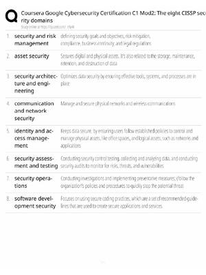 Preview of Google Cybersecurity Certification Study Guide / C1 Mod2 CISSP Security Domains / Score 10