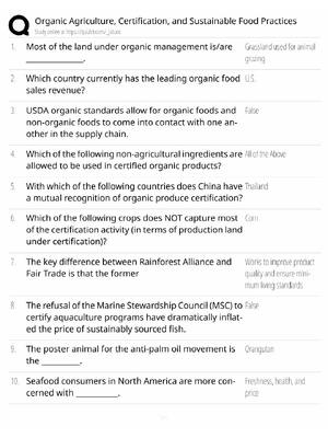 Preview of Organic Agriculture Study Guide / Certification & Sustainable Food Practices / Score 100%