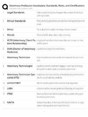 Preview of Veterinary Profession Study Guide / Vocabulary, Standards, Roles & Certifications / Score