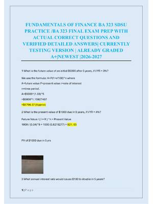 Preview of FUNDAMENTALS OF FINANCE BA 323 SDSU  PRACTICE /BA 323 FINAL EXAM PREP