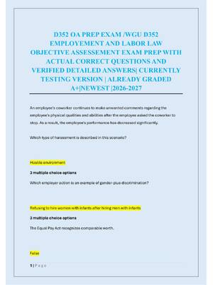 Preview of D352 OA PREP EXAM /WGU D352  EMPLOYEMENT AND LABOR LAW  OBJECTIVE ASSESSEMENT EXAM PREP