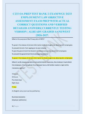 Preview of C233 OA PREP TEST BANK 2 EXAM/WGU D233  EMPLOYMENT LAW OBJECTIVE  ASSESSMENT EXAM PREP