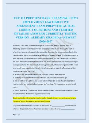 Preview of C233 OA PREP TEST BANK 1 EXAM/WGU D233  EMPLOYMENT LAW OBJECTIVE  ASSESSMENT EXAM PREP