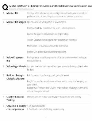 Preview of ME12 Domain 3 Study Guide / Entrepreneurship & Small Business Certification / Score 100% /