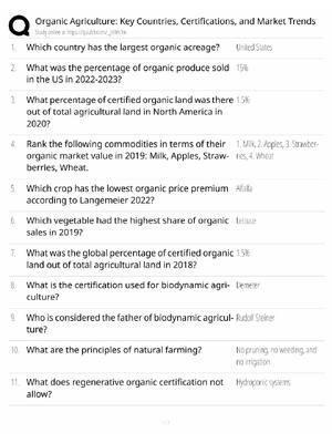 Preview of Organic Agriculture Study Guide / Key Countries, Certifications & Market Trends / Score 10