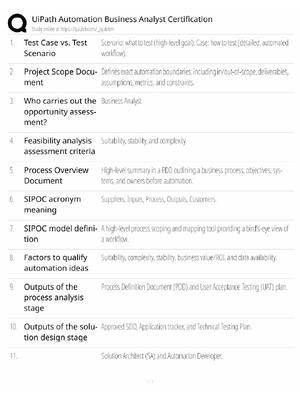 Preview of UiPath Automation Business Analyst Study Guide / Certification Exam Prep / Score 100% / 20