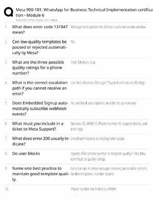Preview of Meta 900-101 Study Guide / WhatsApp Business Technical Implementation Module 6 / Score 100