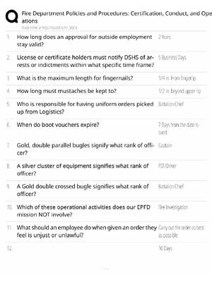 Preview of Fire Department Policies Study Guide / Certification, Conduct & Operations / Score 100% /
