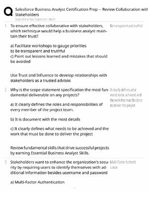 Preview of Salesforce Business Analyst Study Guide / Stakeholder Collaboration Review / Score 100% /