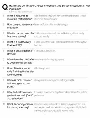 Preview of Nursing Home Certification Study Guide / Abuse Prevention & Survey Procedures / Score 100%