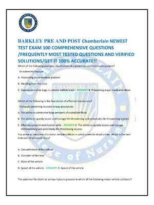 Preview image for BARKLEY PRE AND POST Chamberlain NEWEST  TEST EXAM 100 COMPREHENSIVE QUESTIONS  /FREQUENTLY MOST TESTED QUESTIONS AND VERIFIED  SOLUTIONS/GET IT 100% ACCURATE!!
