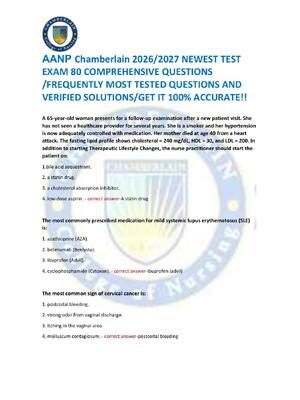 Preview image for AANP Chamberlain 2026/2027 NEWEST TEST  EXAM 80 COMPREHENSIVE QUESTIONS  /FREQUENTLY MOST TESTED QUESTIONS AND  VERIFIED SOLUTIONS/GET IT 100% ACCURATE!!