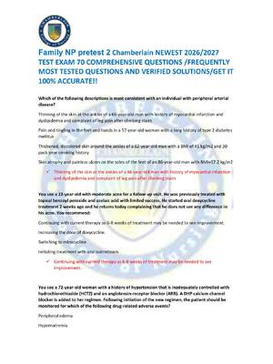 Preview image for Family NP pretest 2 Chamberlain NEWEST 2026/2027  TEST EXAM 70 COMPREHENSIVE QUESTIONS /FREQUENTLY  MOST TESTED QUESTIONS AND VERIFIED SOLUTIONS/GET IT  100% ACCURATE!!