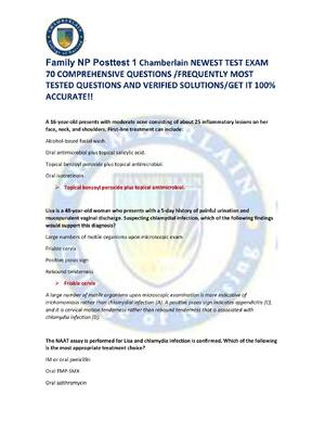 Preview of Family NP Posttest 1 Chamberlain NEWEST TEST EXAM  70 COMPREHENSIVE QUESTIONS /FREQUENTLY