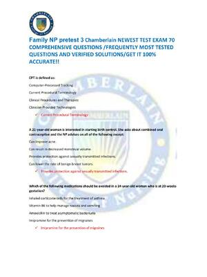 Preview of Family NP pretest 3 Chamberlain NEWEST TEST EXAM 70  COMPREHENSIVE QUESTIONS /FREQUENTLY M