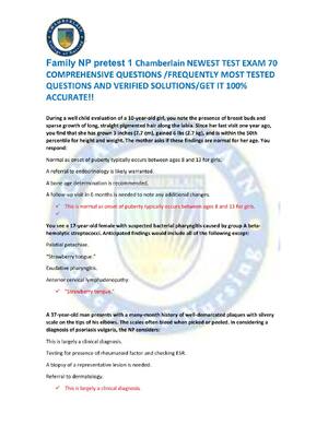 Preview of Family NP pretest 1 Chamberlain NEWEST TEST EXAM 70  COMPREHENSIVE QUESTIONS /FREQUENTLY M