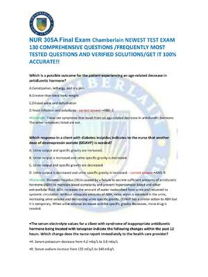 Preview of NUR 305A Final Exam Chamberlain NEWEST TEST EXAM  130 COMPREHENSIVE QUESTIONS /FREQUENTLY