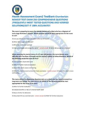 Preview of Health Assessment Exam2 TestBank Chamberlain  NEWEST TEST EXAM 250 COMPREHENSIVE QUESTIONS
