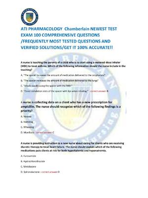 Preview of ATI PHARMACOLOGY  Chamberlain NEWEST TEST  EXAM 100 COMPREHENSIVE QUESTIONS  /FREQUENTLY M