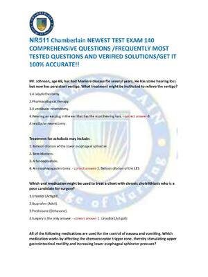 Preview of NR511 Chamberlain NEWEST TEST EXAM 140  COMPREHENSIVE QUESTIONS /FREQUENTLY MOST  TESTED Q