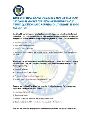Preview of NUR 511 FINAL EXAM Chamberlain NEWEST TEST EXAM  100 COMPREHENSIVE QUESTIONS /FREQUENTLY M