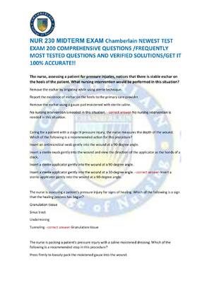 Preview of NUR 230 MIDTERM EXAM Chamberlain NEWEST TEST  EXAM 200 COMPREHENSIVE QUESTIONS /FREQUENTLY