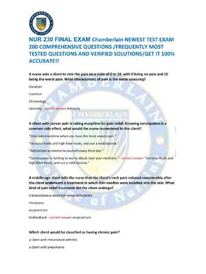 Preview of NUR 230 FINAL EXAM Chamberlain NEWEST TEST EXAM  200 COMPREHENSIVE QUESTIONS /FREQUENTLY M