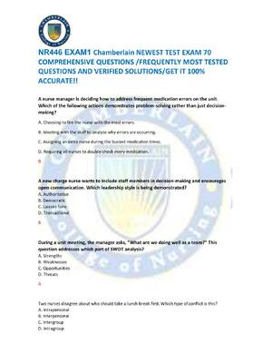 Preview of NR446 EXAM1 Chamberlain NEWEST TEST EXAM 70  COMPREHENSIVE QUESTIONS /FREQUENTLY MOST TEST
