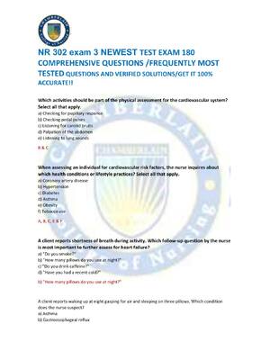 Preview of NR 302 exam 3 NEWEST TEST EXAM 180  COMPREHENSIVE QUESTIONS /FREQUENTLY MOST  TESTED QUEST