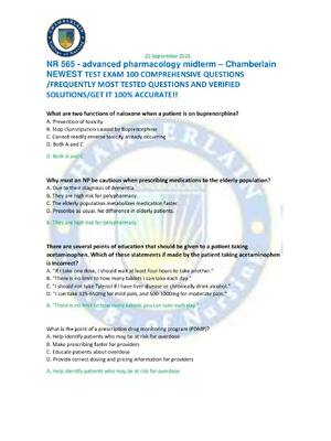 Preview of NR 565 - advanced pharmacology midterm – Chamberlain  NEWEST TEST EXAM 100 COMPREHENSIVE Q