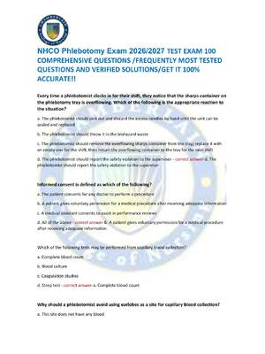 Preview of NHCO Phlebotomy Exam 2026/2027 TEST EXAM 100  COMPREHENSIVE QUESTIONS /FREQUENTLY MOST TES
