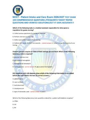 Preview of NCCT - Patient Intake and Care Exam 2026/2027 TEST EXAM  100 COMPREHENSIVE QUESTIONS /FREQ