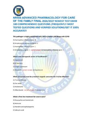 Preview of NR566 ADVANCED PHARMACOLOGY FOR CARE  OF THE FAMILY FINAL 2026/2027 NEWEST TEST EXAM  100