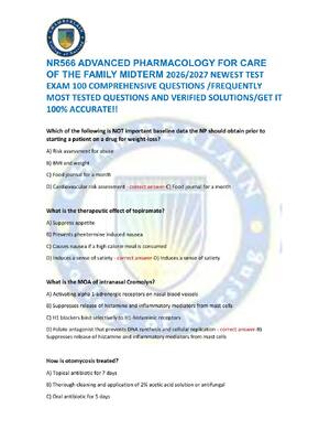Preview of NR566 ADVANCED PHARMACOLOGY FOR CARE  OF THE FAMILY MIDTERM 2026/2027 NEWEST TEST  EXAM 10