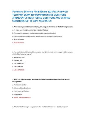 Preview of Forensic Science Final Exam 2026/2027 NEWEST  TESTBANK EXAM 250 COMPREHENSIVE QUESTIONS  /
