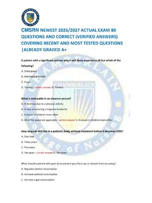 Preview of CMSRN NEWEST 2026/2027 ACTUAL EXAM 80  QUESTIONS AND CORRECT (VERIFIED ANSWERS)  COVERING