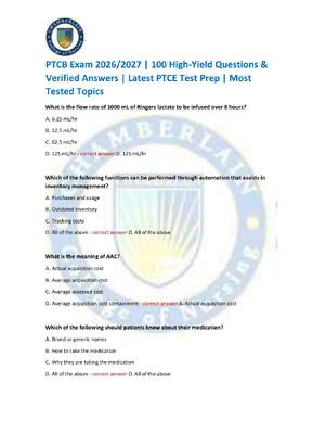 Preview of PTCB Exam 2026/2027 | 100 High-Yield Questions & Verified Answers | Latest PTCE Test Prep