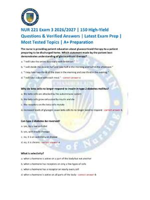 Preview of NUR 221 Exam 3 2026/2027 | 150 High-Yield Questions & Verified Answers | Latest Exam Prep