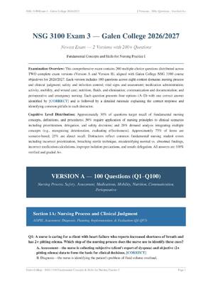 Preview of NSG 3100 EXAM 3 GALEN COLLEGE ACTUAL EXAM 2026/2027 | 2 Versions | 200+ Questions & 100% V